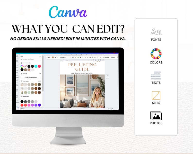 May include: A computer monitor displays a Canva design interface with the text "WHAT YOU CAN EDIT?" and "NO DESIGN SKILLS NEEDED! EDIT IN MINUTES WITH CANVA." On the right are icons for fonts, colors, texts, sizes, and photos.