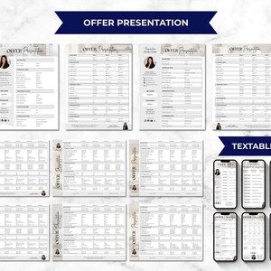 May include: A collection of offer presentation templates in various layouts, including documents and mobile phone mockups. The templates feature a professional design with a headshot and detailed financial information. The title "OFFER PRESENTATION" is displayed at the top.