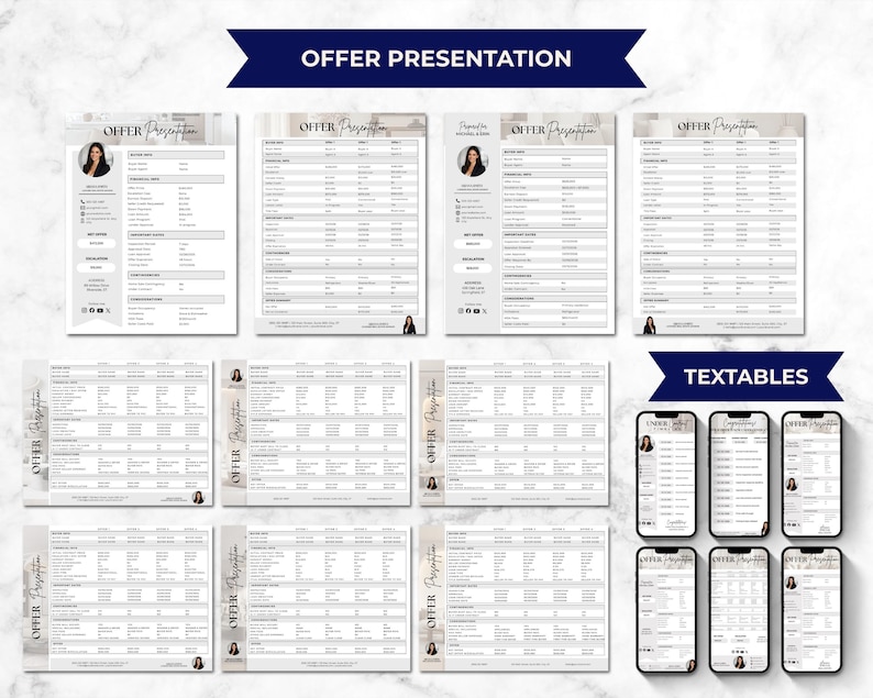 May include: A collection of offer presentation templates in various layouts, including documents and mobile phone mockups. The templates feature a professional design with a headshot and detailed financial information. The title "OFFER PRESENTATION" is displayed at the top.
