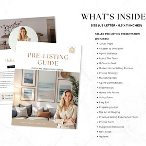 May include: A pre-listing guide with the text "PRE-LISTING GUIDE" and "OUR HOME SELLING DIFFERENCE". The guide is 8.5 x 11 inches and includes a cover page, agent statistics, and a marketing plan. A woman in a blazer is pictured on the cover.