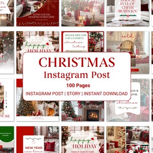 May include: A collection of Christmas-themed Instagram post templates. The central image features a large white rectangle with the word "CHRISTMAS" in red, along with "Instagram Post" and "100 Pages". Other images include holiday decor.