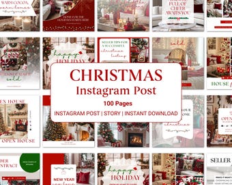May include: A selection of Christmas-themed Instagram post templates. The central image displays "CHRISTMAS" in red, with "Instagram Post" and "100 Pages". Other images show festive decorations and holiday scenes.
