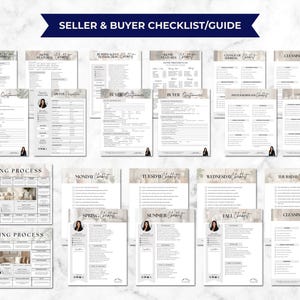 May include: A collection of printable checklists and guides for home buyers and sellers. The documents include checklists for home features, buyer questionnaires, and cleaning. The top banner reads "SELLER & BUYER CHECKLIST/GUIDE".
