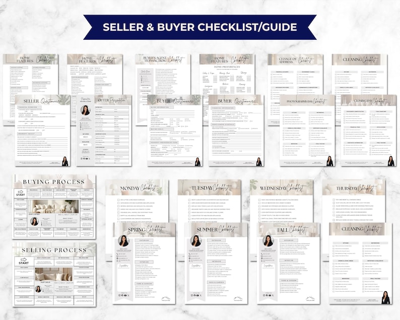 May include: A collection of printable checklists and guides for home buyers and sellers. The documents include checklists for home features, buyer questionnaires, and cleaning. The top banner reads "SELLER & BUYER CHECKLIST/GUIDE".