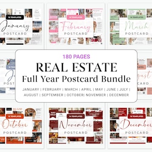 May include: A full-year real estate postcard bundle with 180 pages. The postcards are organized by month, with templates for January, February, March, April, May, June, July, August, September, October, November, and December.