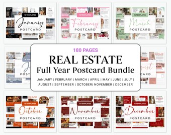 May include: A full-year real estate postcard bundle with 180 pages. The postcards are organized by month, with templates for January, February, March, April, May, June, July, August, September, October, November, and December.