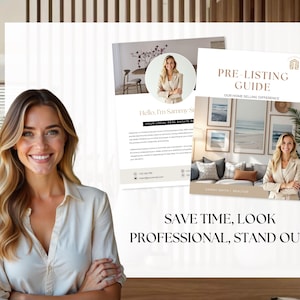 May include: A smiling woman in a cream-colored blouse is featured in a real estate marketing image. Two brochures are displayed, one titled "Pre-Listing Guide" and the other with the text "Hello, I'm Sammy Su". The tagline reads "Save time, look professional, stand out!"