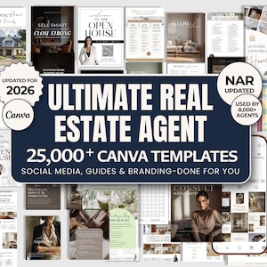 May include: A collection of digital marketing templates for real estate agents featuring the text ULTIMATE REAL ESTATE AGENT 25,000+ CANVA TEMPLATES SOCIAL MEDIA, GUIDES & BRANDING-DONE FOR YOU. The display includes various layouts, photos, and charts.