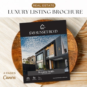 May include: A luxury listing brochure for real estate, featuring a modern house with a blue sky background. The brochure is black and white with the address 1745 Sunset Blvd. The brochure is on a wooden plate.