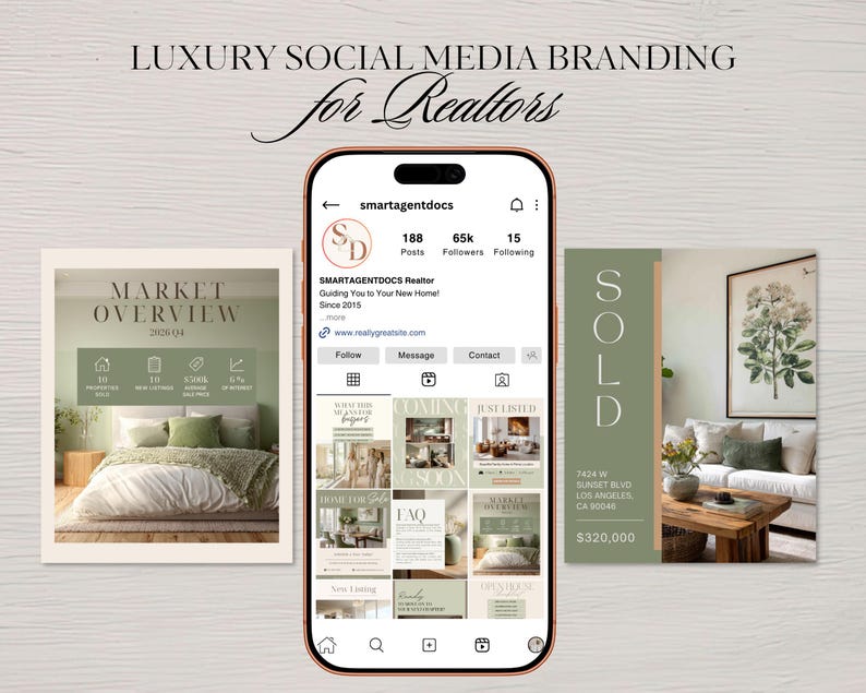 Sage Green Real Estate Instagram Templates, 120 Canva Realtor Posts & Stories, Aesthetic Social Media Marketing Kit, Editable Templates image 2