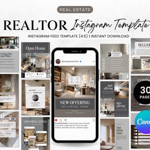 May include: A digital marketing template for estate agents. The design includes a smartphone displaying a "New Offering" post, along with various Instagram feed templates. The text includes "Realtor Instagram Template" and "Instant Download".