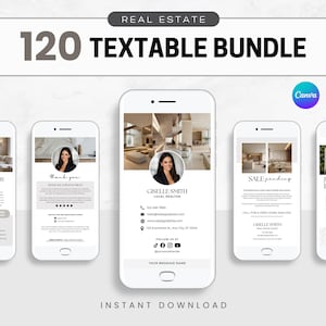 Puede incluir: Un paquete inmobiliario digital que se muestra en cinco teléfonos inteligentes. Las pantallas presentan texto e imágenes, incluyendo "120 Textable Bundle", "Hello Neighbor", "Thank You" y "Sale Pending". El logotipo de Canva es visible.