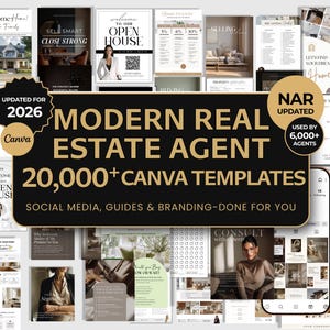 May include: A collection of marketing templates for real estate agents. The image features various promotional materials, including social media posts, guides, and branding elements. The text includes "Modern Real Estate Agent" and "20,000+ Canva Templates."