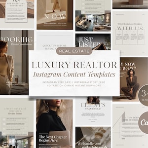 Op de afbeelding: Een verzameling Instagram-inhoudsjablonen voor vastgoedprofessionals. De sjablonen hebben een neutraal kleurenpalet met tekstoverlays, waaronder zinnen als "Luxury Realtor", "Just Listed" en "Now". De afbeelding bevat ook het Canva-logo en de tekst "340+ Templates".
