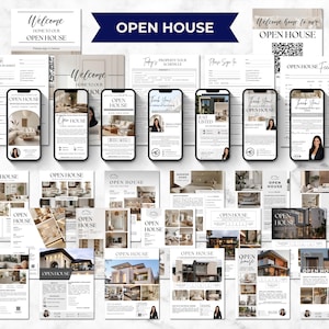 May include: A collection of open house marketing materials, including flyers, welcome signs, and smartphone mockups. The materials feature a minimalist design with the words "Welcome" and "Open House" in elegant script. The color scheme is primarily black and white.