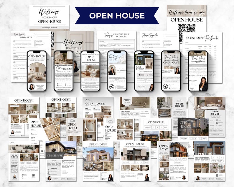 May include: A collection of open house marketing materials, including flyers, welcome signs, and smartphone mockups. The materials feature a minimalist design with the words "Welcome" and "Open House" in elegant script. The color scheme is primarily black and white.