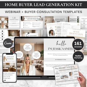 Kit de taller para compradores de vivienda (plantilla de Canva), kit de seminario web para compradores de vivienda por primera vez (promoción por correo electrónico y redes sociales), presentación de seminario para agentes inmobiliarios compradores