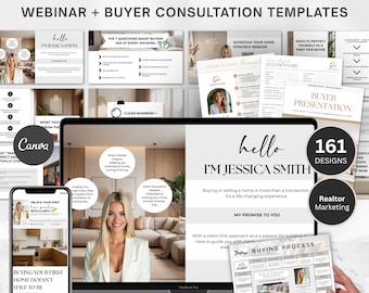 Kit de taller para compradores de vivienda (plantilla de Canva), kit de seminario web para compradores de vivienda por primera vez (promoción por correo electrónico y redes sociales), presentación de seminario para agentes inmobiliarios compradores