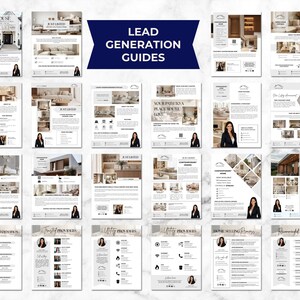 May include: A collection of real estate marketing materials, including brochures and guides. The materials feature images of homes and interiors, with text such as "Just Listed" and "Open House." The overall design is modern and professional, with a focus on lead generation.