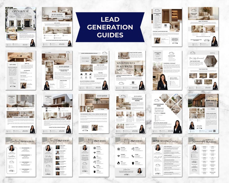 May include: A collection of real estate marketing materials, including brochures and guides. The materials feature images of homes and interiors, with text such as "Just Listed" and "Open House." The overall design is modern and professional, with a focus on lead generation.
