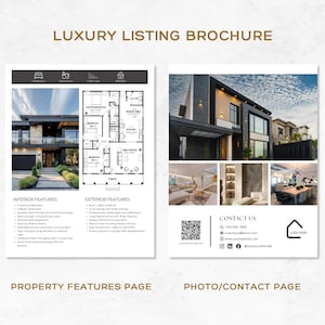 May include: A luxury listing brochure with a modern design. The brochure features a property features page with interior and exterior details, and a photo/contact page with a house image, contact information, and a QR code.