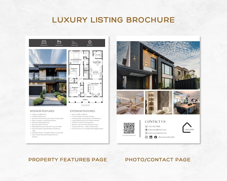 May include: A luxury listing brochure with a modern design. The brochure features a property features page with interior and exterior details, and a photo/contact page with a house image, contact information, and a QR code.