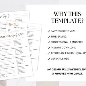 May include: A stack of white open house sign-in sheets with headings and fillable fields. The text "Why This Template?" is displayed with bullet points listing features. The sheets are designed for real estate.