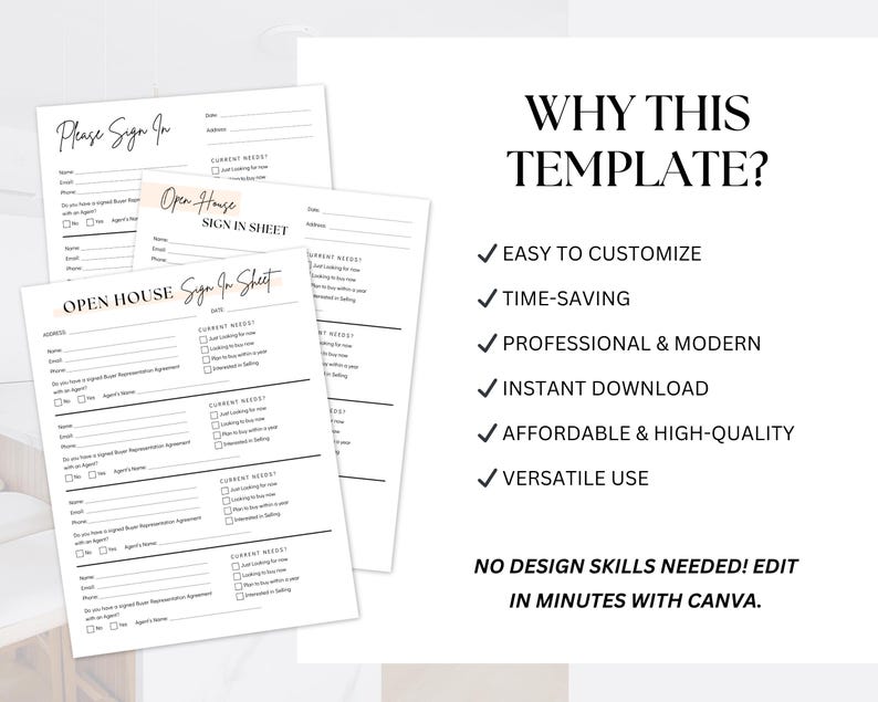 May include: A stack of white open house sign-in sheets with headings and fillable fields. The text "Why This Template?" is displayed with bullet points listing features. The sheets are designed for real estate.