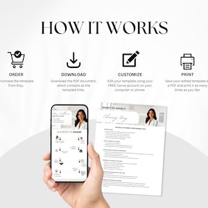 Pode incluir: Um gr&aacute;fico mostrando as etapas para comprar, baixar, personalizar e imprimir um modelo de lista de verifica&ccedil;&atilde;o para o dia de fechamento de im&oacute;veis. O modelo &eacute; mostrado na tela de um telefone e em um documento impresso. O texto na tela do telefone diz "8 passos para casa".