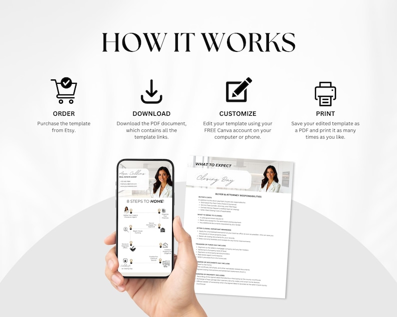 Pode incluir: Um gr&aacute;fico mostrando as etapas para comprar, baixar, personalizar e imprimir um modelo de lista de verifica&ccedil;&atilde;o para o dia de fechamento de im&oacute;veis. O modelo &eacute; mostrado na tela de um telefone e em um documento impresso. O texto na tela do telefone diz "8 passos para casa".