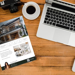 Puede incluir: Folleto de casa abierta para una casa moderna con un esquema de color blanco y negro. El folleto incluye una foto de la casa, una descripci&oacute;n de la propiedad y el precio de 350.000 &euro;. El folleto tambi&eacute;n incluye el texto "Casa abierta" y la direcci&oacute;n de la propiedad.