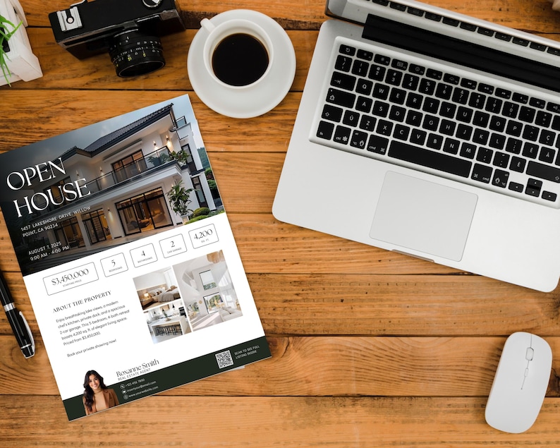 Puede incluir: Folleto de casa abierta para una casa moderna con un esquema de color blanco y negro. El folleto incluye una foto de la casa, una descripci&oacute;n de la propiedad y el precio de 350.000 &euro;. El folleto tambi&eacute;n incluye el texto "Casa abierta" y la direcci&oacute;n de la propiedad.