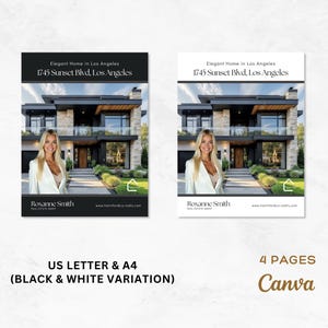 May include: Two real estate flyers showcasing a modern home at 1745 Sunset Blvd, Los Angeles. One flyer is in black and white, the other in color. Both feature a woman and the text "Elegant Home in Los Angeles."