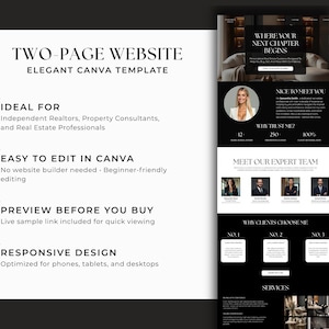 May include: A two-page website Canva template featuring a black and white layout. The text reads: TWO-PAGE WEBSITE ELEGANT CANVA TEMPLATE, IDEAL FOR, EASY TO EDIT IN CANVA, PREVIEW BEFORE YOU BUY, RESPONSIVE DESIGN, WHERE YOUR NEXT CHAPTER BEGINS.