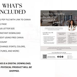 May include: A digital download flyer with the text "What's Included" and a list of features, including a PDF file with a Canva link, US Letter size, and instant download. The flyer also features the text "Need help navigating the sale of an inherited home?"