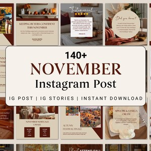 Könnte beinhalten: Eine Sammlung von Instagram-Post-Vorlagen mit Herbstthema. Das zentrale Bild zeigt den Text "140+ NOVEMBER Instagram Post" mit den Untertiteln "IG POST | IG STORIES | INSTANT DOWNLOAD". Die umgebenden Bilder zeigen herbstliche Inhalte.