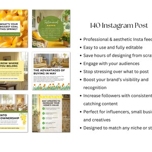 May include: A collection of Instagram post templates with a white background. The templates feature text and images related to homeownership, spring goals, and testimonials. The text includes "140 Instagram Post" and bullet points describing the templates' features.