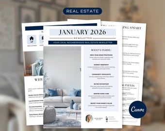Newsletter immobiliare di gennaio / Email marketing / Modello Canva / Newsletter per agenti immobiliari / Marketing immobiliare invernale