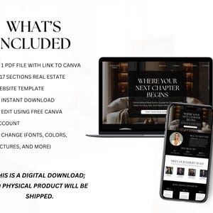 May include: A digital real estate website template displayed on a laptop and smartphone. Text includes WHAT'S INCLUDED, 1 PDF FILE WITH LINK TO CANVA, 17 SECTIONS REAL ESTATE WEBSITE TEMPLATE, INSTANT DOWNLOAD, EDIT USING FREE CANVA ACCOUNT, and WHERE YOUR NEXT CHAPTER BEGINS.
