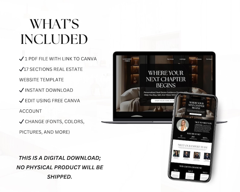 May include: A digital real estate website template displayed on a laptop and smartphone. Text includes WHAT'S INCLUDED, 1 PDF FILE WITH LINK TO CANVA, 17 SECTIONS REAL ESTATE WEBSITE TEMPLATE, INSTANT DOWNLOAD, EDIT USING FREE CANVA ACCOUNT, and WHERE YOUR NEXT CHAPTER BEGINS.