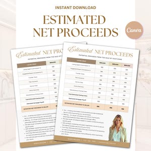 Puede incluir: Una hoja de cálculo imprimible titulada "Estimación de ingresos netos" con una tabla que calcula los ingresos potenciales de la venta de una casa. La tabla incluye columnas para el precio de venta, la comisión del agente inmobiliario, la comisión del agente comprador, los costos de cierre y los ingresos netos estimados para el vendedor. La hoja de cálculo también incluye una sección con viñetas que describen los servicios ofrecidos por el agente inmobiliario.