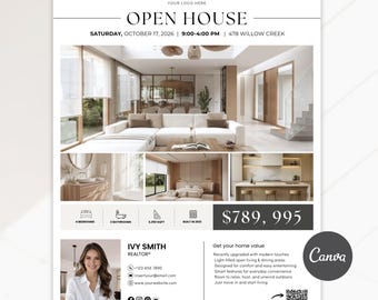 Volantino per open house di immobili di lusso / Brochure di presentazione dell'immobile / Modello di marketing moderno per agenti immobiliari / Volantino con codice QR in Canva
