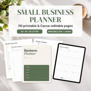 Peut inclure: Un ensemble de planificateur pour petite entreprise avec 110 pages imprimables et modifiables sur Canva aux formats A4, A5 et US Letter. Il comprend une page de couverture, un plan financier mensuel, un suivi d'épargne et un calendrier annuel.