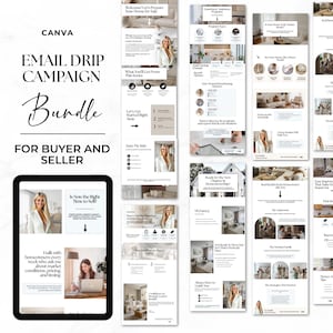 May include: A digital marketing bundle for real estate professionals. The image features a tablet displaying an email template, with the words "EMAIL DRIP CAMPAIGN Bundle FOR BUYER AND SELLER" in a stylish font. Additional email templates are also displayed.