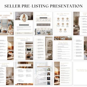 May include: A presentation titled "SELLER PRE-LISTING PRESENTATION" with multiple pages. The pages feature text, graphics, and images related to real estate, including a pre-listing guide, home styling process, and market analysis.