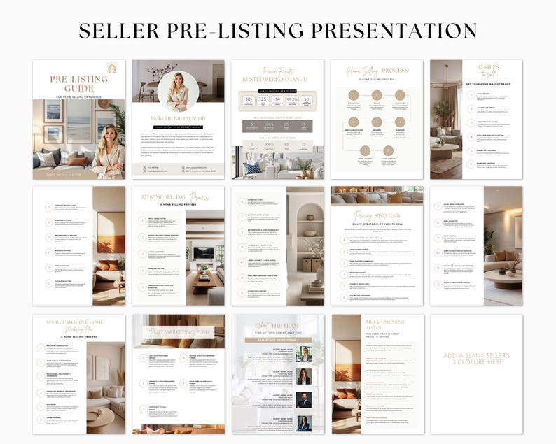 May include: A presentation titled "SELLER PRE-LISTING PRESENTATION" with multiple pages. The pages feature text, graphics, and images related to real estate, including a pre-listing guide, home styling process, and market analysis.