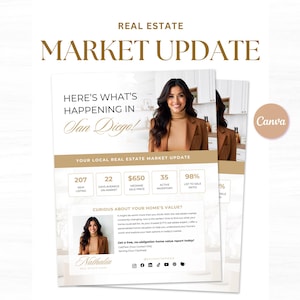 May include: A real estate market update flyer with the text "Market Update" and "Here's What's Happening in San Diego!". The flyer includes statistics on new listings, days on market, median sale price, active inventory, and list to sale ratio.