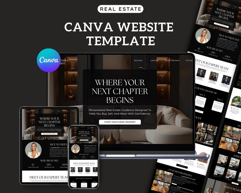 May include: A Canva website template for real estate featuring a dark colour scheme with white text. The design includes sections for expert team profiles, client reviews, and featured properties, with the headline Where Your Next Chapter Begins.
