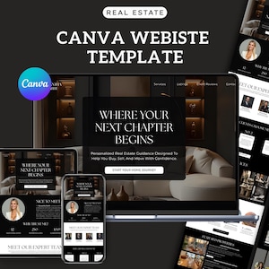 Puede incluir: Una plantilla de sitio web de bienes raíces digital que se muestra en una computadora portátil, tableta y teléfono inteligente. El diseño presenta una combinación de colores en blanco y negro con el texto "WHERE YOUR NEXT CHAPTER BEGINS". El logotipo de Canva es visible. La plantilla está diseñada para ayudar a los usuarios a comprar, vender y mudarse con confianza.
