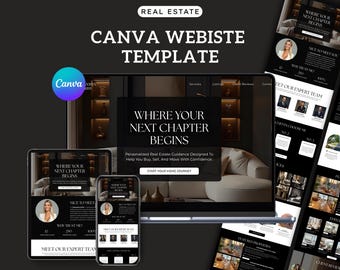 May include: A digital real estate website template displayed on a laptop, tablet, and smartphone. The design features a black and white color scheme with the text "WHERE YOUR NEXT CHAPTER BEGINS." The Canva logo is visible. The template is designed to help users buy, sell, and move with confidence.